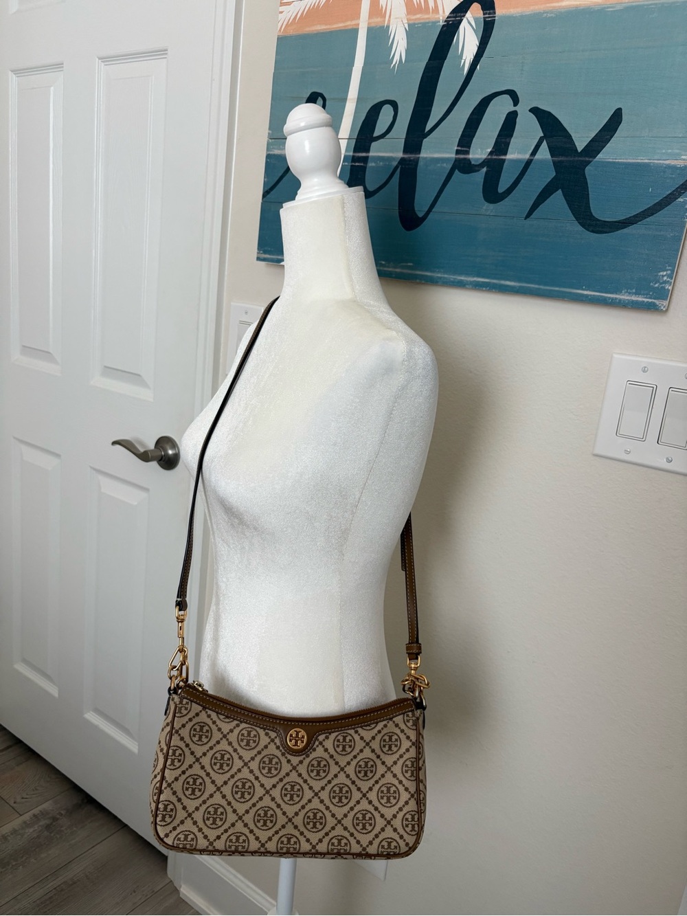 Tory Burch Beige Logo-Print Crossbody Bag